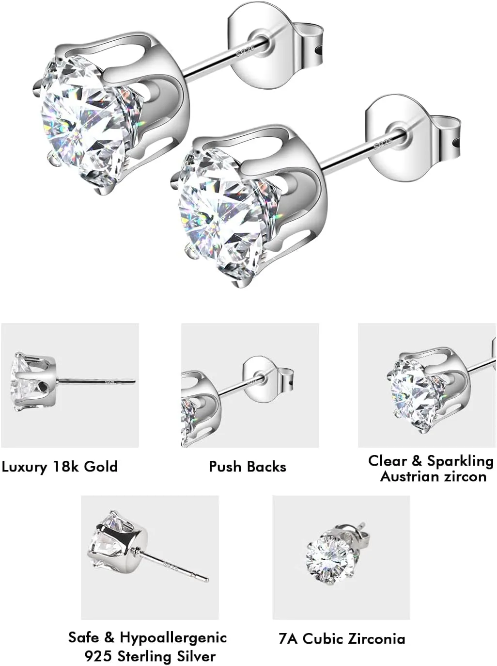 925 Sterling Silver Stud Earrings Set of 5 Pairs Hypoallergenic 18K Gold Cubic Zirconia Earrings for Women Men Sparkling Fancy Gift