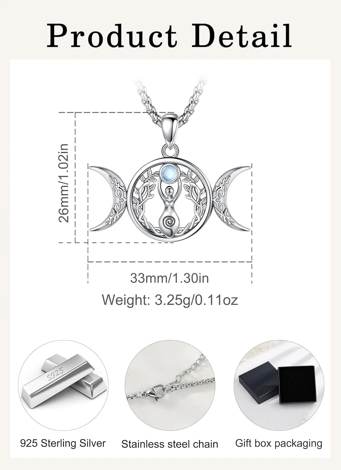 925 Sterling silver Witches Knot Pendant Necklace, Hecate Triple Moon Goddess Lilith/Tree Of Life/Tetragrammaton Pentagram/Santa Muerte Pagan Witchy Jewelry Spiritual Amulet for Women Men