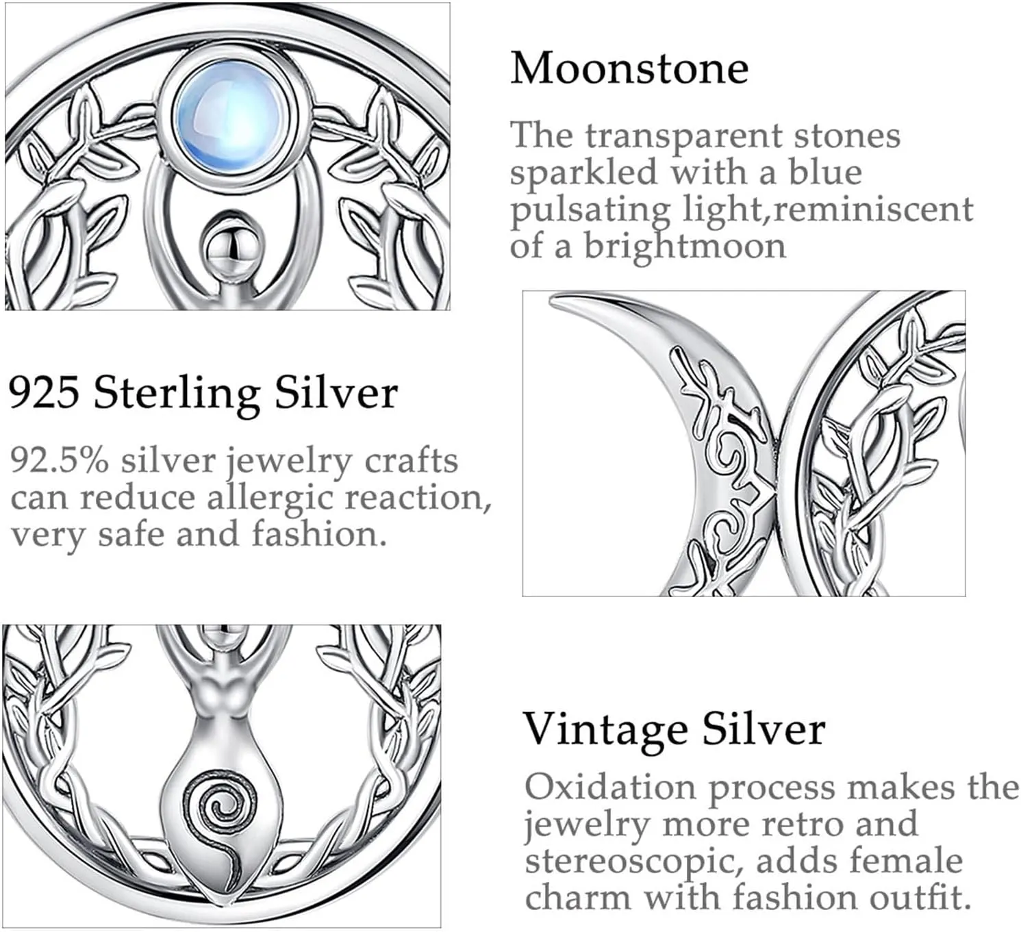 925 Sterling silver Witches Knot Pendant Necklace, Hecate Triple Moon Goddess Lilith/Tree Of Life/Tetragrammaton Pentagram/Santa Muerte Pagan Witchy Jewelry Spiritual Amulet for Women Men