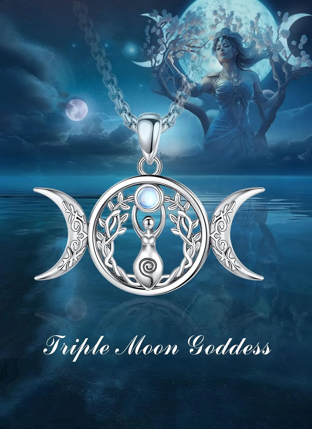 925 Sterling silver Witches Knot Pendant Necklace, Hecate Triple Moon Goddess Lilith/Tree Of Life/Tetragrammaton Pentagram/Santa Muerte Pagan Witchy Jewelry Spiritual Amulet for Women Men