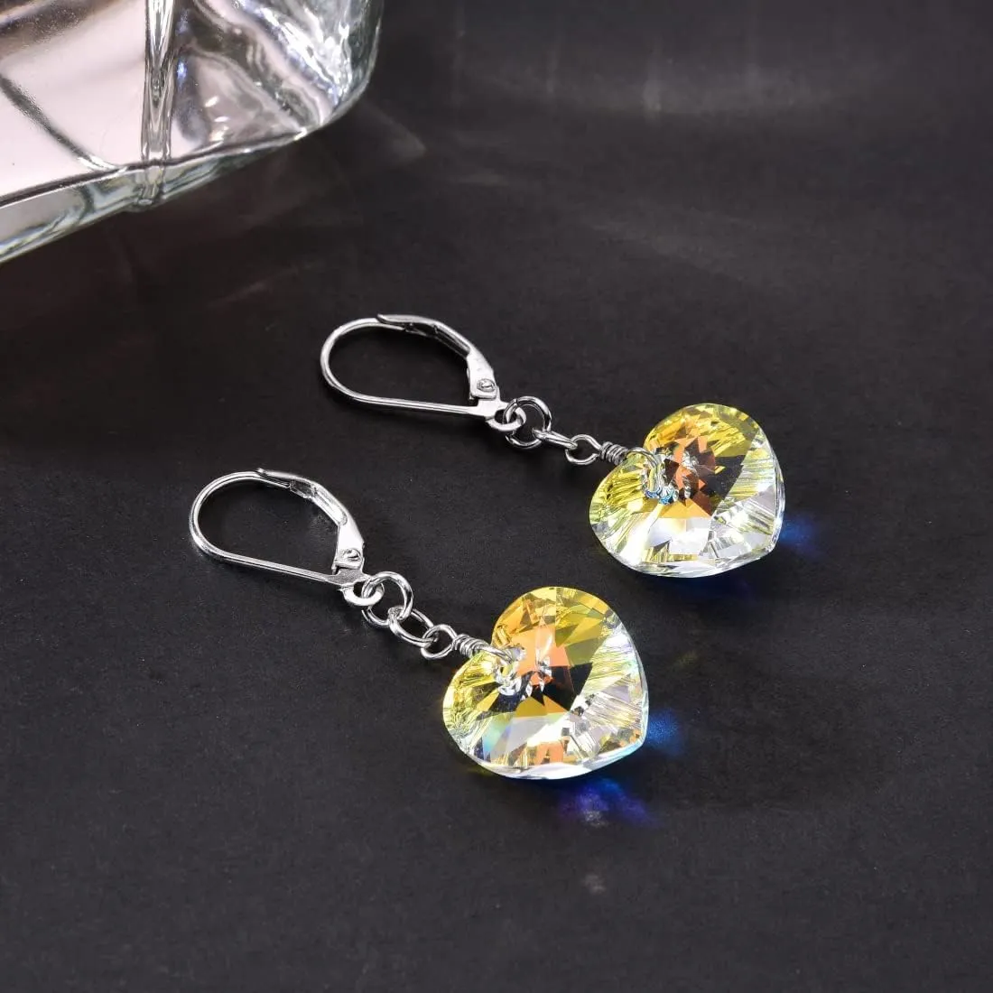 Adabele 1 Pair Authentic Sterling Silver Dangle Earrings Premium Austrian Crystal #6228 Heart Pendant Hypoallergenic Nickel Free Tarnish Resistant Women Jewelry
