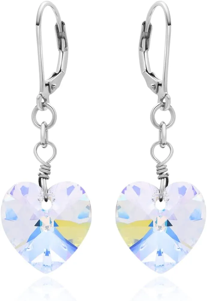 Adabele 1 Pair Authentic Sterling Silver Dangle Earrings Premium Austrian Crystal #6228 Heart Pendant Hypoallergenic Nickel Free Tarnish Resistant Women Jewelry