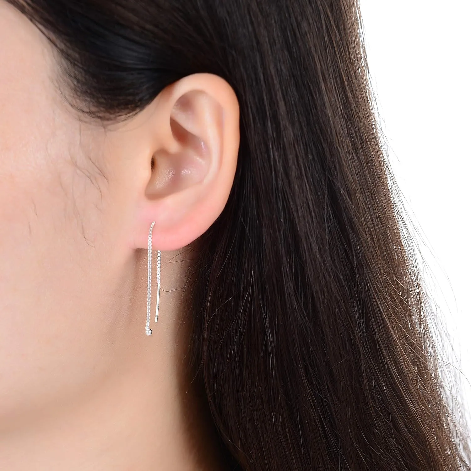 Adabele Authentic 925 Sterling Silver Cute Threader Earrings Long Chain Tassel Drop Small Tiny Ball Hypoallergenic Nickel Free Dainty Women Fine Jewelry