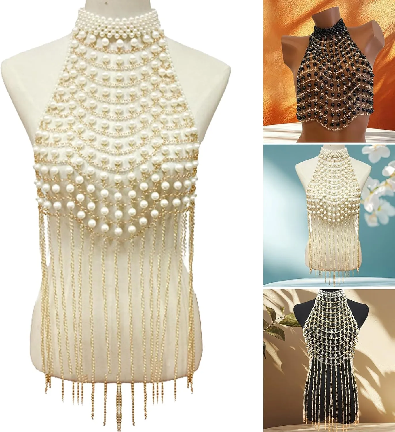 Adjustable Length Elegant Pearls Body Chain Sensual Chest Jewelry Accessory Portable for Beach and Evening Wear
