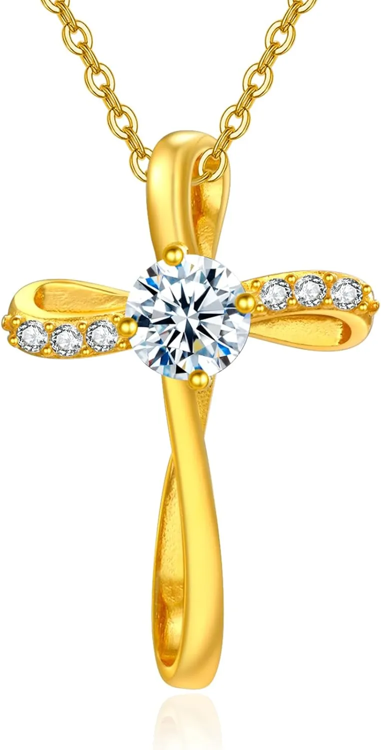 AENEAS Moissanite Cross Necklace for Women Sterling Silver Gold Plated Cross Pendant Crufix Baptism Faith Jewelry Gifts for Women