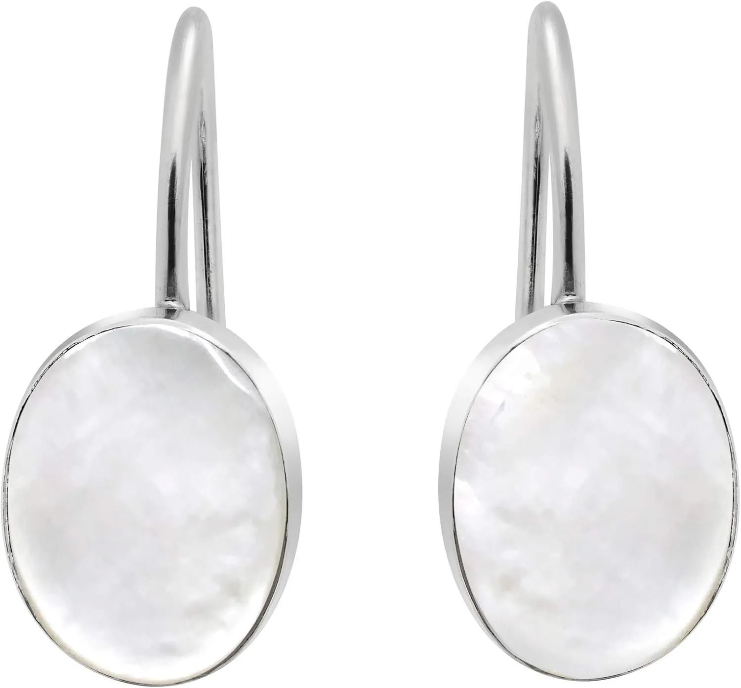 AeraVida Minimalist Oval White Mother of Pearl Shell .925 Silver Hook Dangle Earrings | Bridal or Bride Wedding Jewelry Women | Earrings for Women