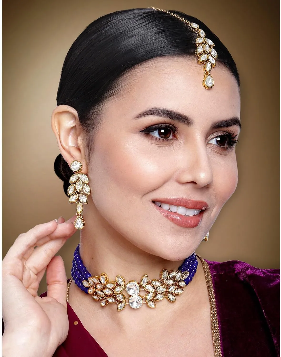 Aheli Bridal Crystal Pearl Choker Necklace with Drop Earrings Indian Traditional Bollywood Jewelry Set Gift for Women