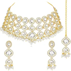 Aheli Cubic Zirconia Crystal & Blue Beads Studded Necklace Dangle Earrings Maangtikka Ethnic Jewellery Set for Women Design 1