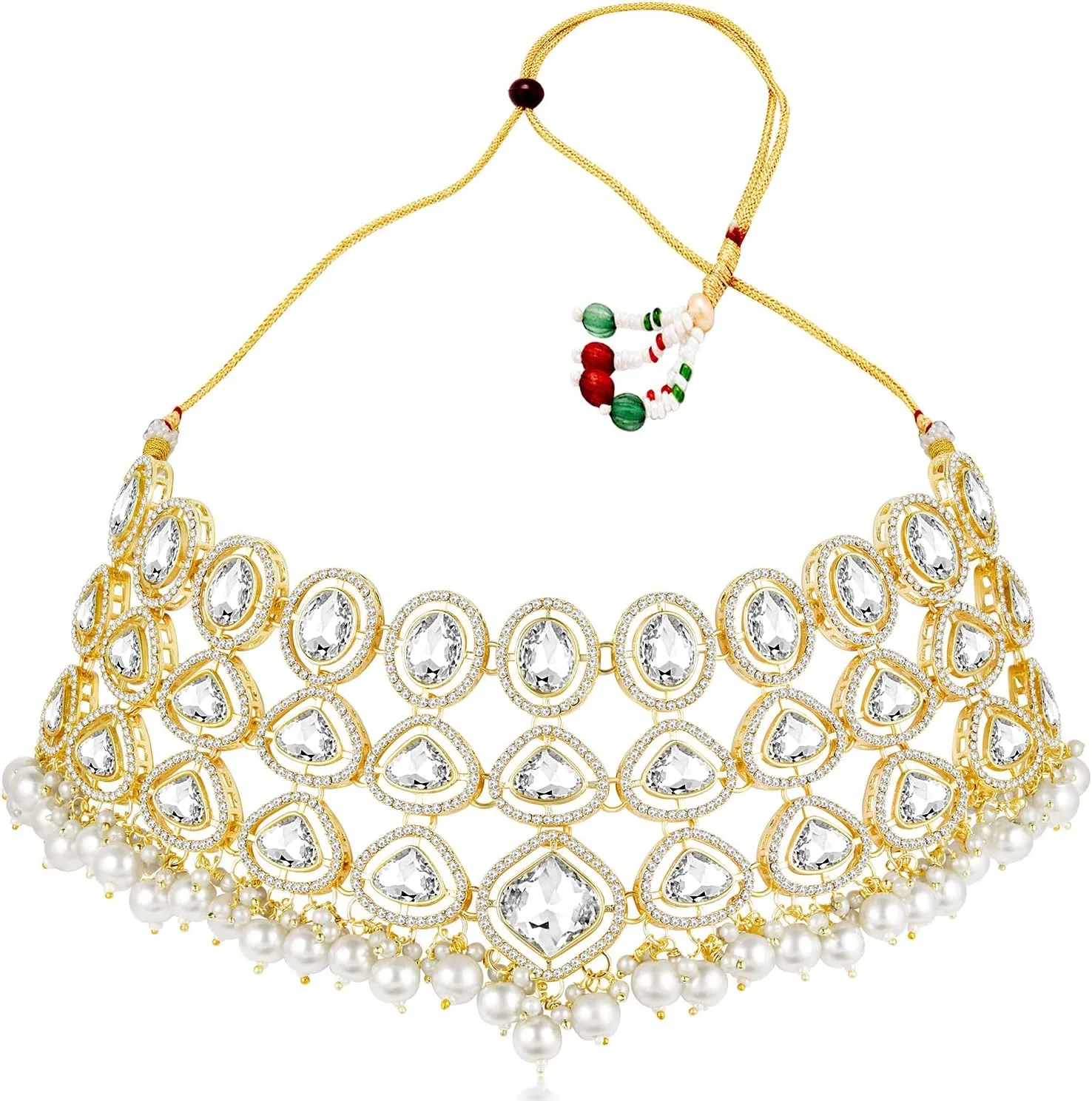 Aheli Cubic Zirconia Crystal & Blue Beads Studded Necklace Dangle Earrings Maangtikka Ethnic Jewellery Set for Women Design 1