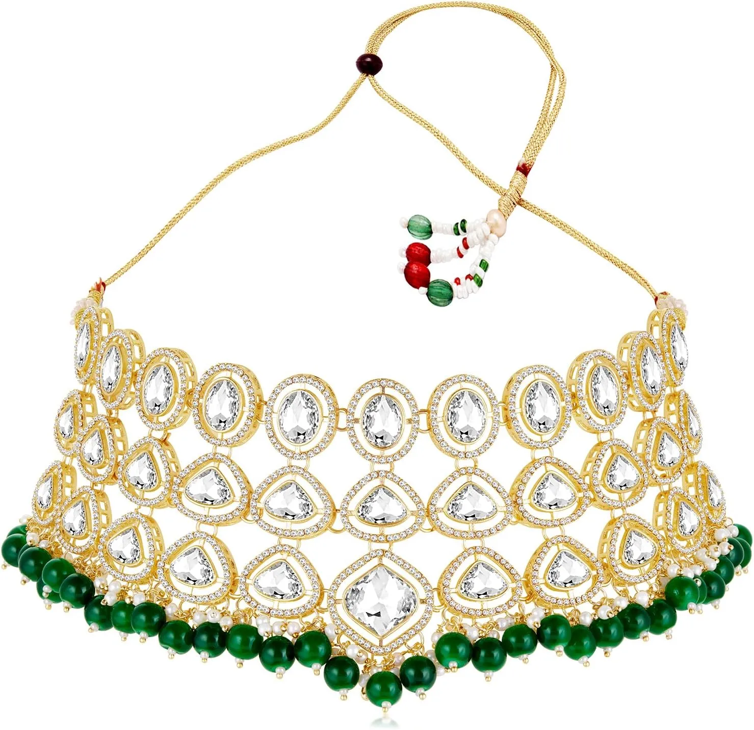 Aheli Cubic Zirconia Crystal & Blue Beads Studded Necklace Dangle Earrings Maangtikka Ethnic Jewellery Set for Women Design 1