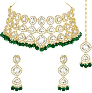 Aheli Cubic Zirconia Crystal & Blue Beads Studded Necklace Dangle Earrings Maangtikka Ethnic Jewellery Set for Women Design 1