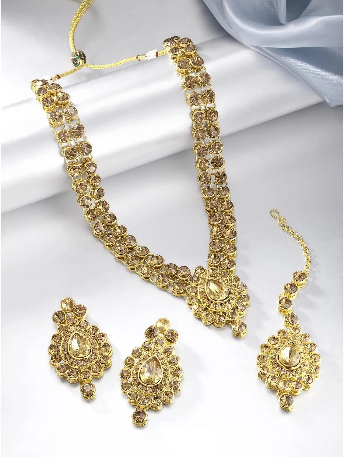 Aheli Indian Wedding Wear Faux Stone Necklace with Maang Tikka Set Elegant Ethnic Fashion Jewelry Gift for Women