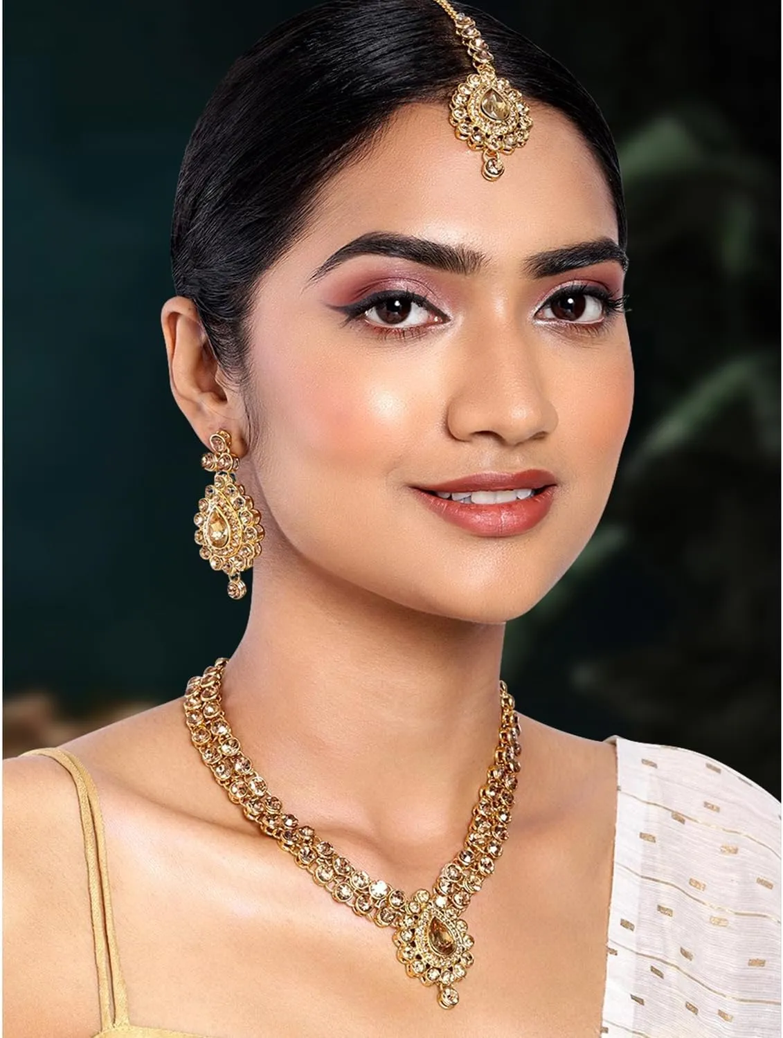 Aheli Indian Wedding Wear Faux Stone Necklace with Maang Tikka Set Elegant Ethnic Fashion Jewelry Gift for Women