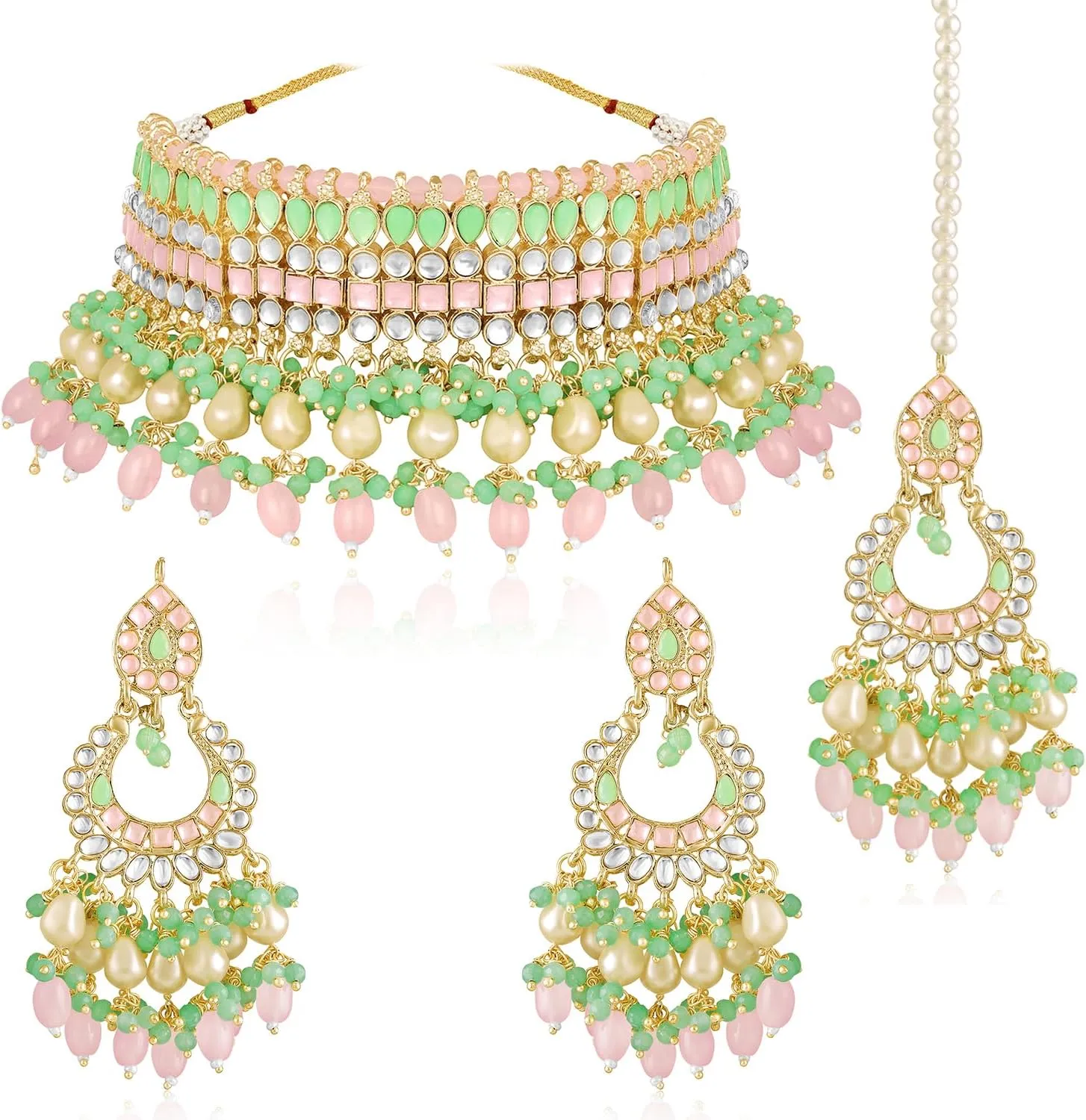 Aheli Pink Mint Synthetic Stone & Beads Studded Necklace Dangle Earrings Maangtikka Ethnic Jewellery Set Gift for Women