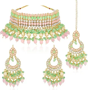 Aheli Pink Mint Synthetic Stone & Beads Studded Necklace Dangle Earrings Maangtikka Ethnic Jewellery Set Gift for Women