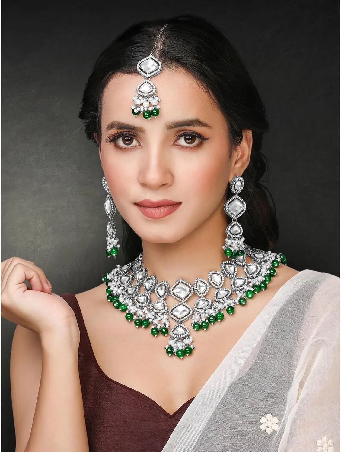 Aheli Silver Plated Green Kundan & Beads Studded Necklace Dangle Earrings Maangtikka Ethnic Jewellery Set Gift for Women