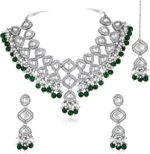 Aheli Silver Plated Green Kundan & Beads Studded Necklace Dangle Earrings Maangtikka Ethnic Jewellery Set Gift for Women