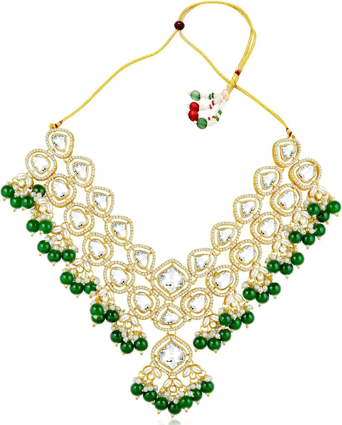 Aheli Silver Plated Green Kundan & Beads Studded Necklace Dangle Earrings Maangtikka Ethnic Jewellery Set Gift for Women