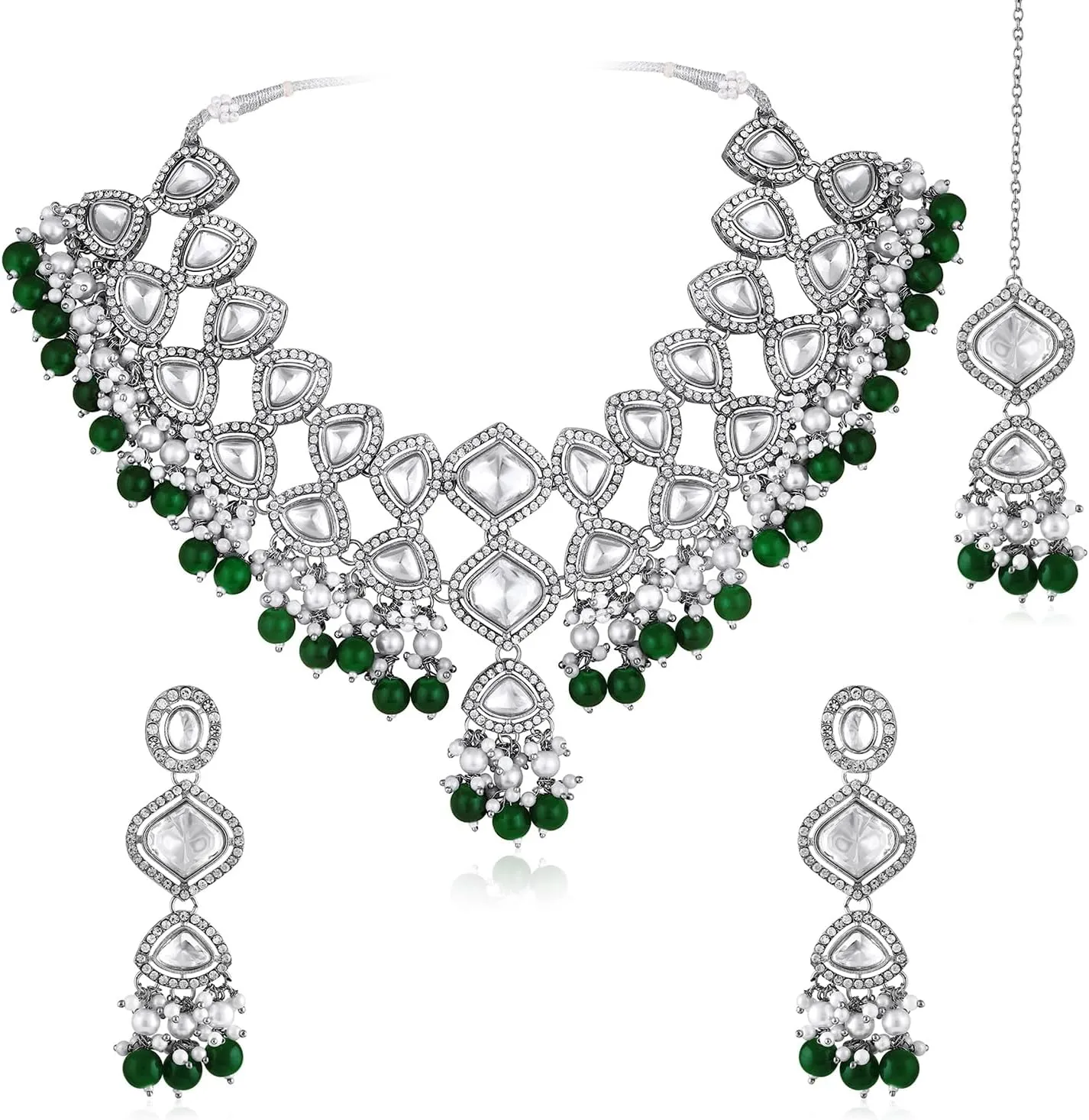 Aheli Silver Plated Green Kundan & Beads Studded Necklace Dangle Earrings Maangtikka Ethnic Jewellery Set Gift for Women