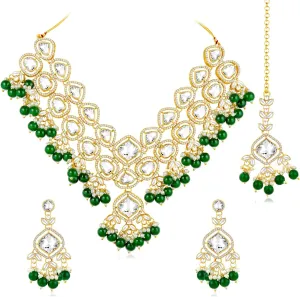 Aheli Silver Plated Green Kundan & Beads Studded Necklace Dangle Earrings Maangtikka Ethnic Jewellery Set Gift for Women