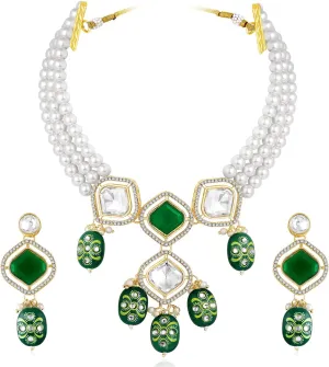 Aheli Synthetic Stone Cubic Zirconia & Beads Studded Necklace Drop Earrings Ethnic Fashion Jewellery Set Gift for Women