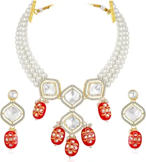 Aheli Synthetic Stone Cubic Zirconia & Beads Studded Necklace Drop Earrings Ethnic Fashion Jewellery Set Gift for Women