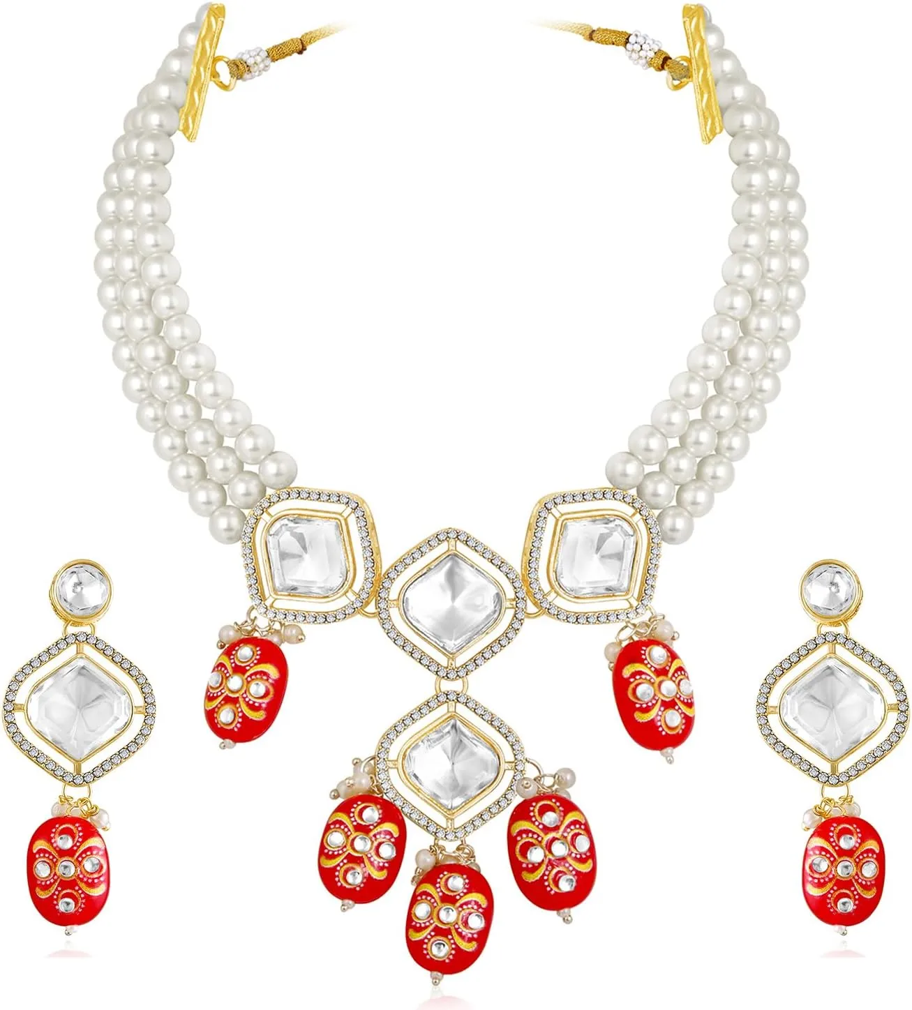Aheli Synthetic Stone Cubic Zirconia & Beads Studded Necklace Drop Earrings Ethnic Fashion Jewellery Set Gift for Women