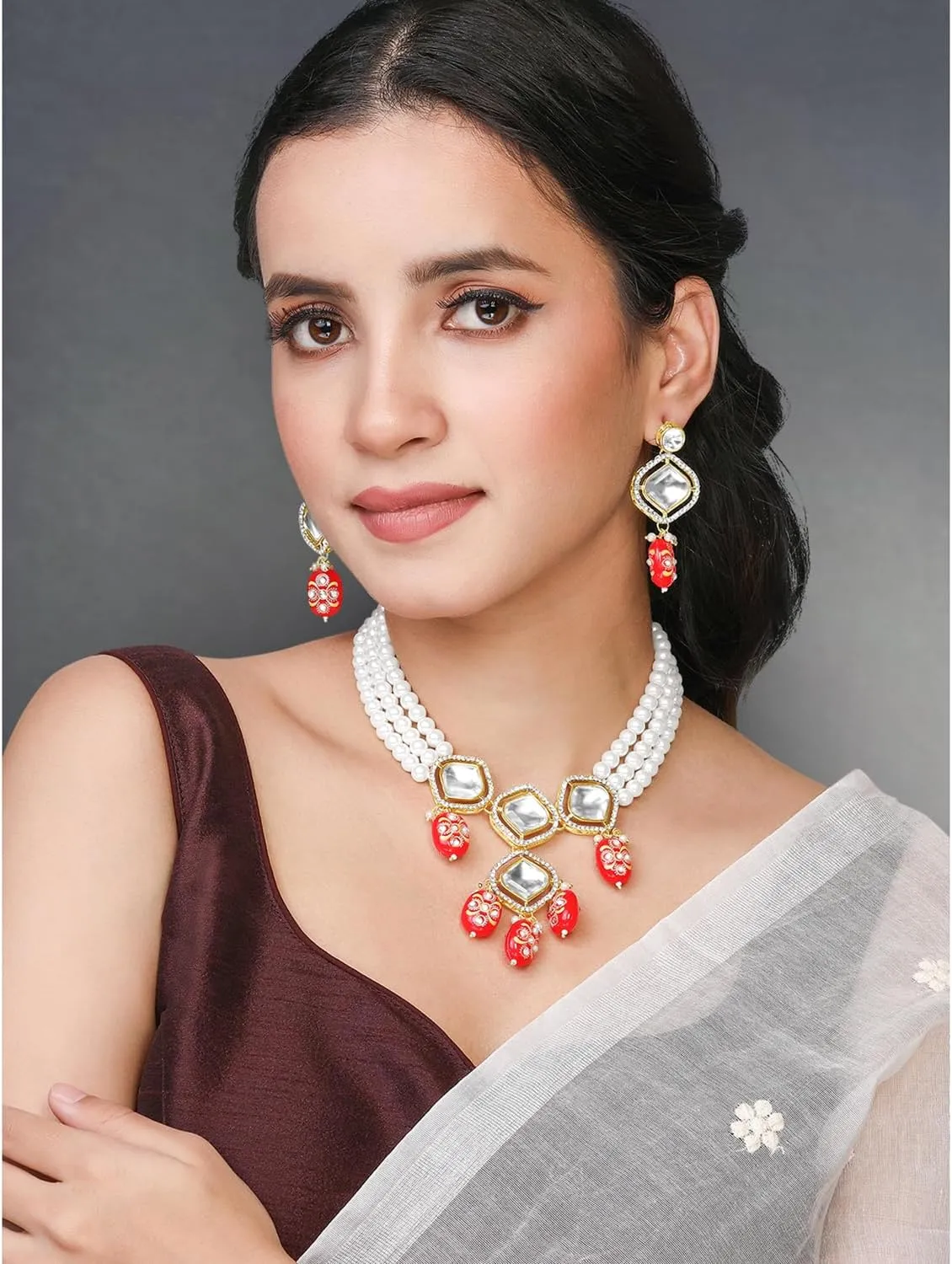 Aheli Synthetic Stone Cubic Zirconia & Beads Studded Necklace Drop Earrings Ethnic Fashion Jewellery Set Gift for Women