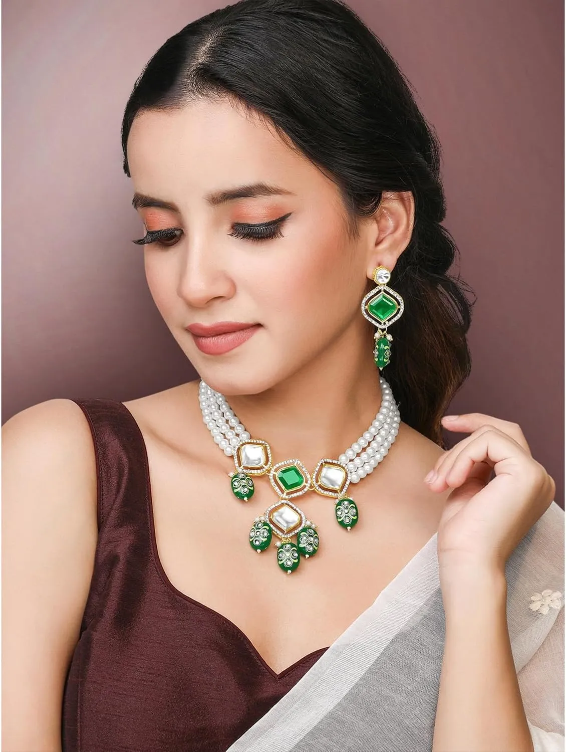Aheli Synthetic Stone Cubic Zirconia & Beads Studded Necklace Drop Earrings Ethnic Fashion Jewellery Set Gift for Women