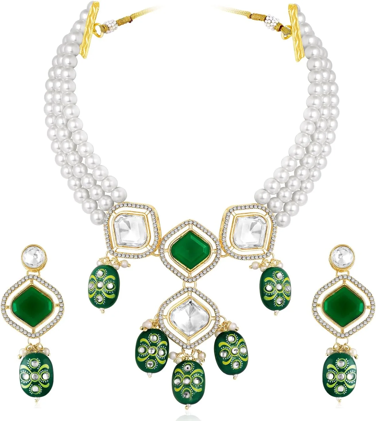 Aheli Synthetic Stone Cubic Zirconia & Beads Studded Necklace Drop Earrings Ethnic Fashion Jewellery Set Gift for Women