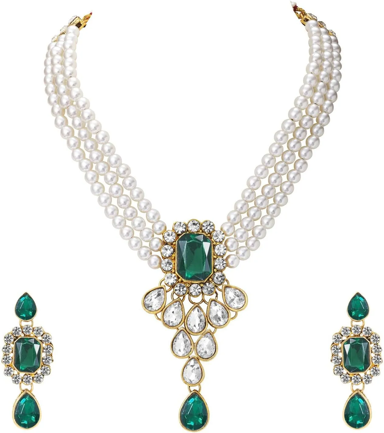 Aheli Wedding Party Kundan Pendant Beads String Necklace Earrings Traditional Ethnic Fashion Jewely Set Gift for Women