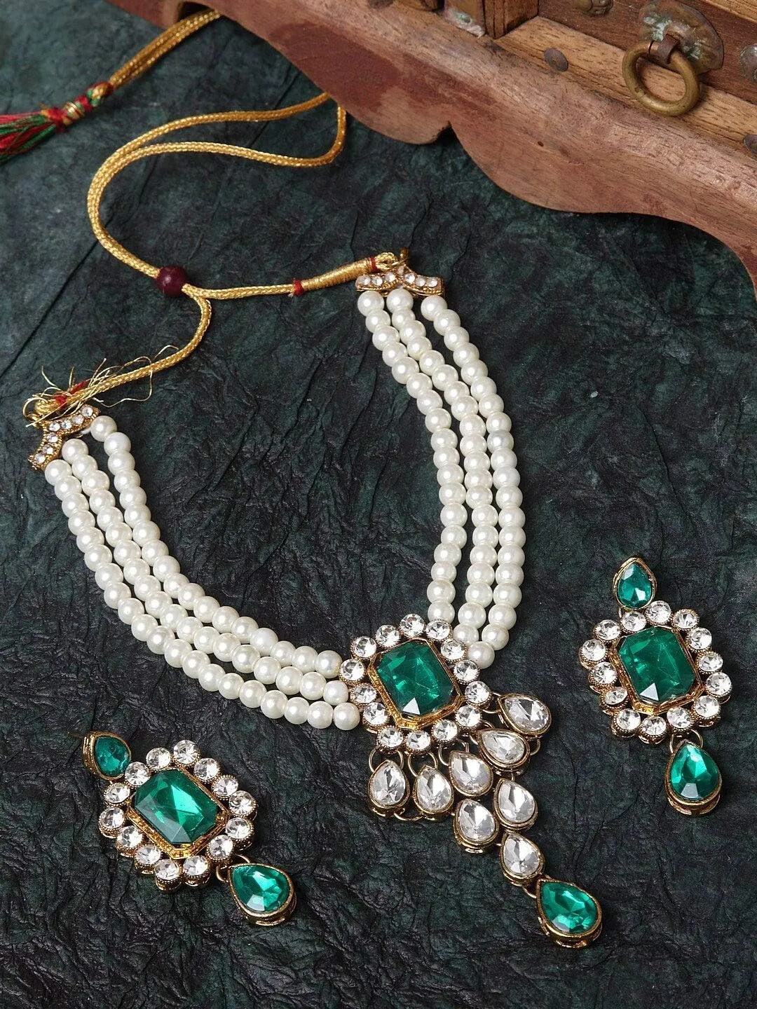Aheli Wedding Party Kundan Pendant Beads String Necklace Earrings Traditional Ethnic Fashion Jewely Set Gift for Women