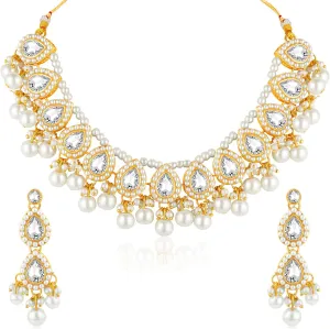 Aheli White Crystal & Beads Studded Necklace Dangle Earrings Ethnic Fashion Jewellery Set Gift for Women