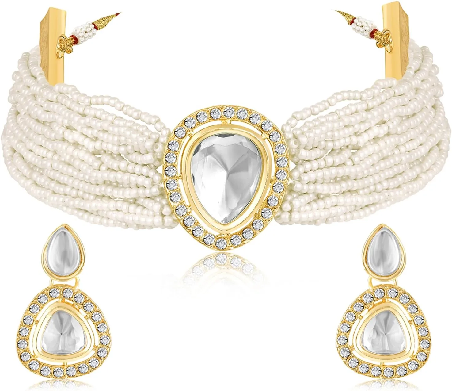 Aheli White Cubic Zirconia Crystal & Beads Studded Necklace Dangle Earrings Jewellery Set Gift for Women