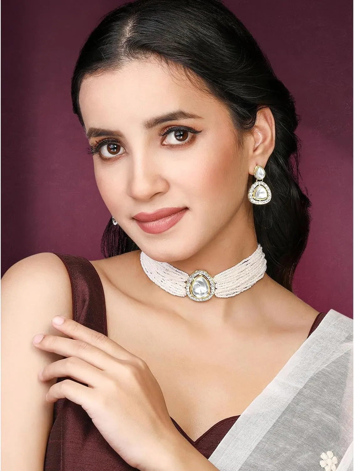 Aheli White Cubic Zirconia Crystal & Beads Studded Necklace Dangle Earrings Jewellery Set Gift for Women