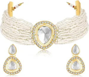 Aheli White Cubic Zirconia Crystal & Beads Studded Necklace Dangle Earrings Jewellery Set Gift for Women