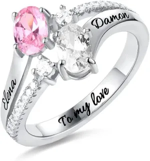 AILIN Custom Promise Rings For Her 925 Sterling Silver Personalized Oval 2 Engraved Names Birthstones Rings Engagement Mother Day Jewelry Birthday Gifts For Women