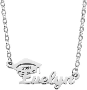 AILIN Personalized Bachelor Cap Name Necklace 925 Sterling Silver/Stainless Steel Custom Engraving Year Pendant Class College University Jewelry 2023 Graduation Gifts For Women Best Friends
