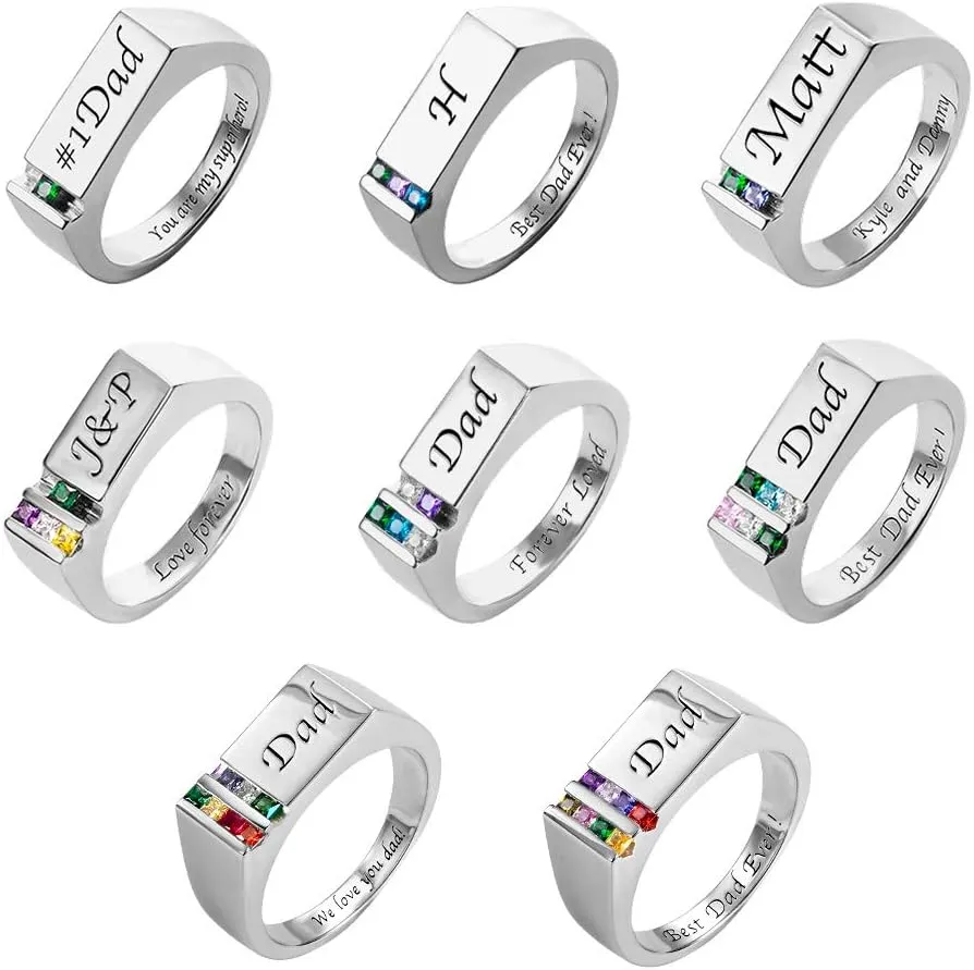 AILIN Personalized Birthstone Rings 925 Sterling Silver/Brass Custom Engraving Name Rings Birthday Jewelry Father Gifts For Husbands Dad Grandpa Men From Wife-Silver Color