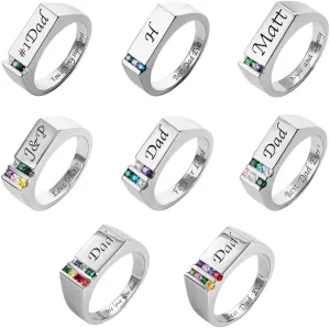 AILIN Personalized Birthstone Rings 925 Sterling Silver/Brass Custom Engraving Name Rings Birthday Jewelry Father Gifts For Husbands Dad Grandpa Men From Wife-Silver Color