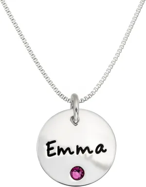 AJ's Collection Personalized Sterling Silver Round Name Charm Necklace with Choice of Crystal Birthstone Setting and 925 Chain Type and Length