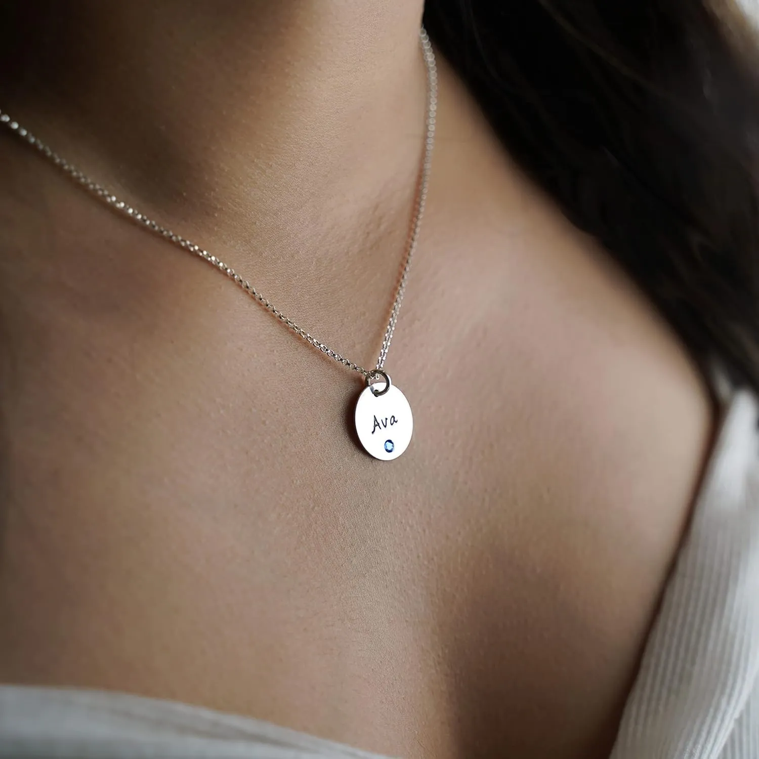 AJ's Collection Personalized Sterling Silver Round Name Charm Necklace with Choice of Crystal Birthstone Setting and 925 Chain Type and Length