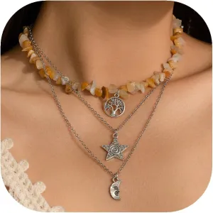 ALEXTINA Nature Chakra Healing Crystal Necklaces for Women Boho Necklace Y2K Necklace Star Moon Sun Necklace Multiple Layering Choker Necklace