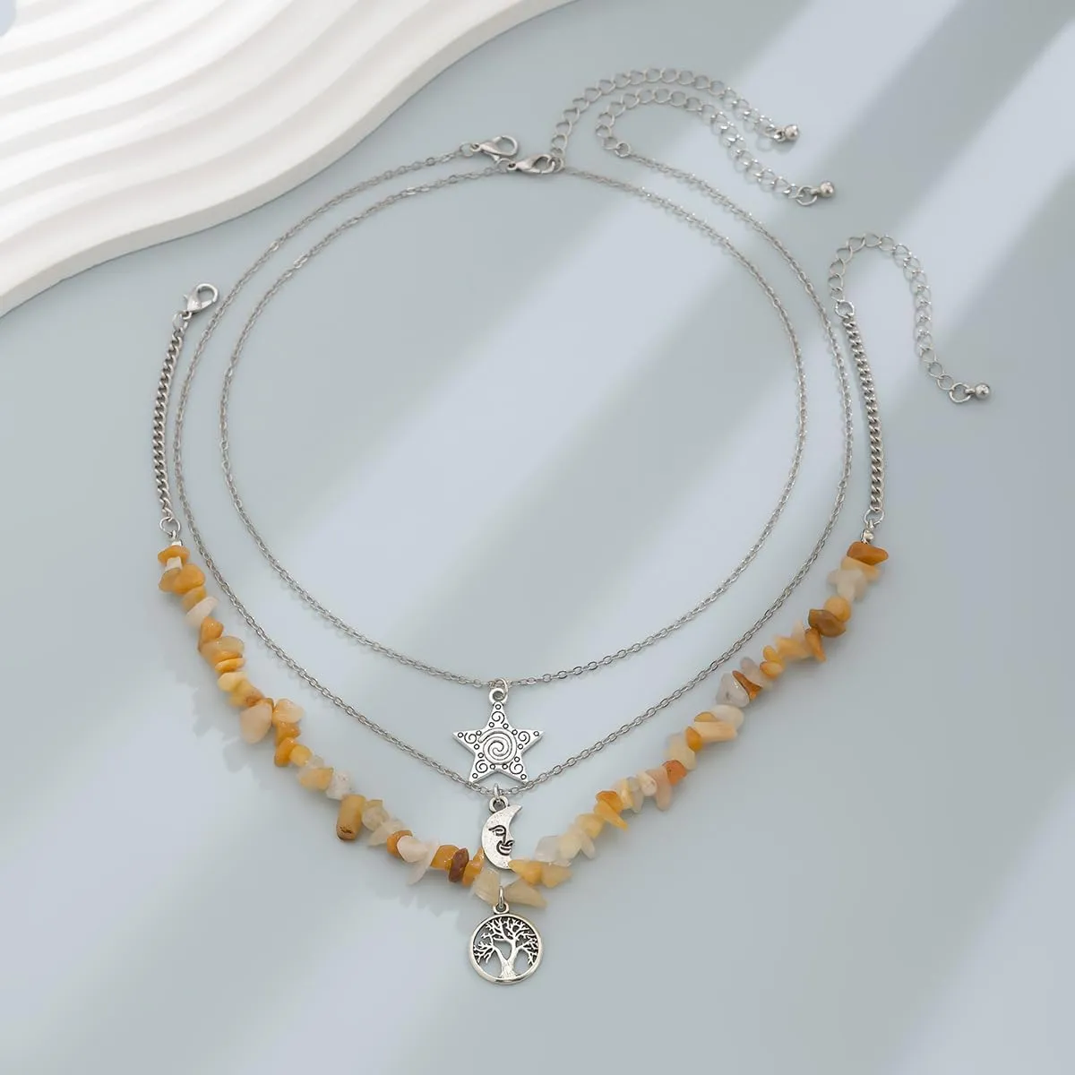 ALEXTINA Nature Chakra Healing Crystal Necklaces for Women Boho Necklace Y2K Necklace Star Moon Sun Necklace Multiple Layering Choker Necklace
