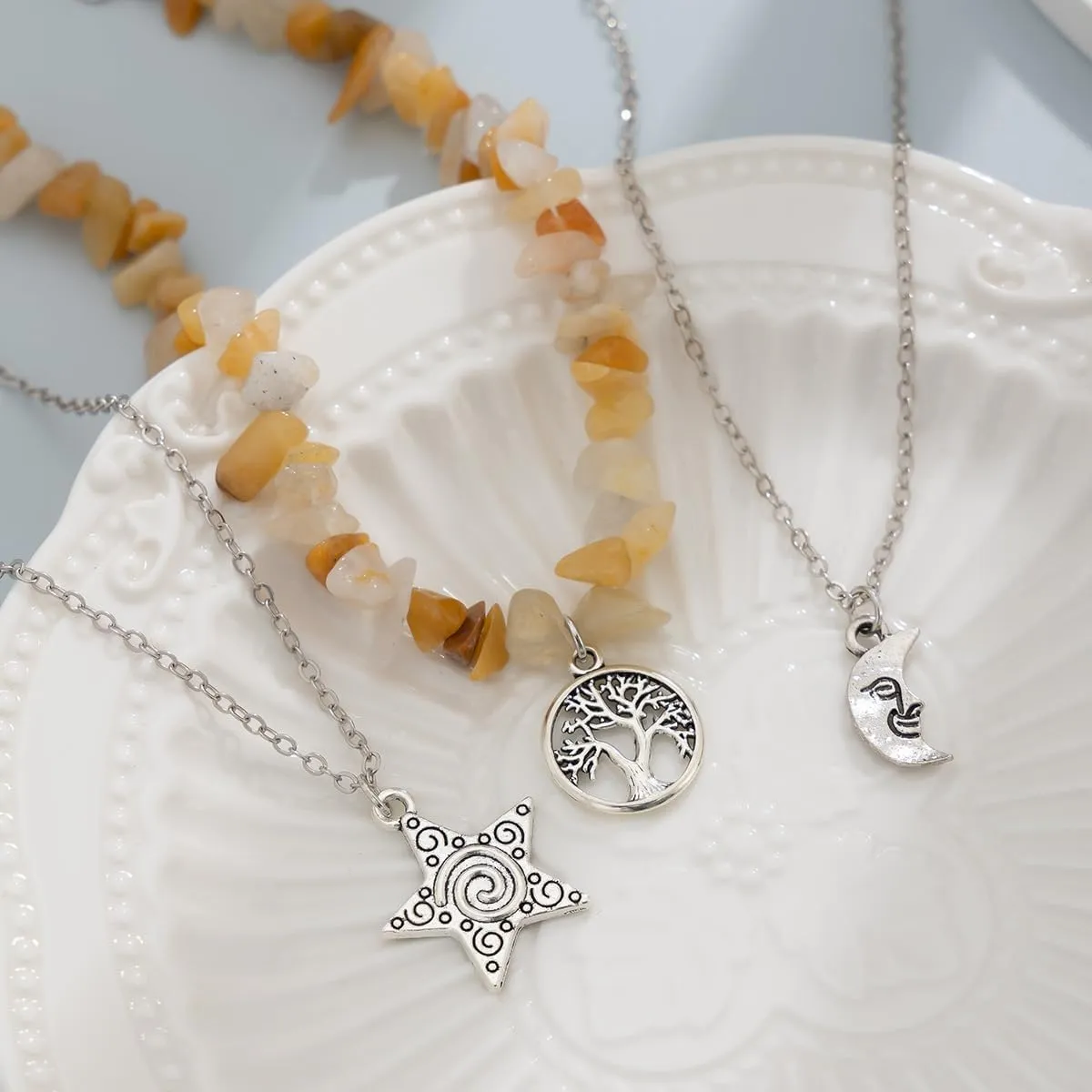 ALEXTINA Nature Chakra Healing Crystal Necklaces for Women Boho Necklace Y2K Necklace Star Moon Sun Necklace Multiple Layering Choker Necklace