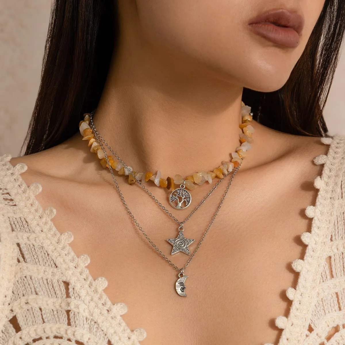 ALEXTINA Nature Chakra Healing Crystal Necklaces for Women Boho Necklace Y2K Necklace Star Moon Sun Necklace Multiple Layering Choker Necklace