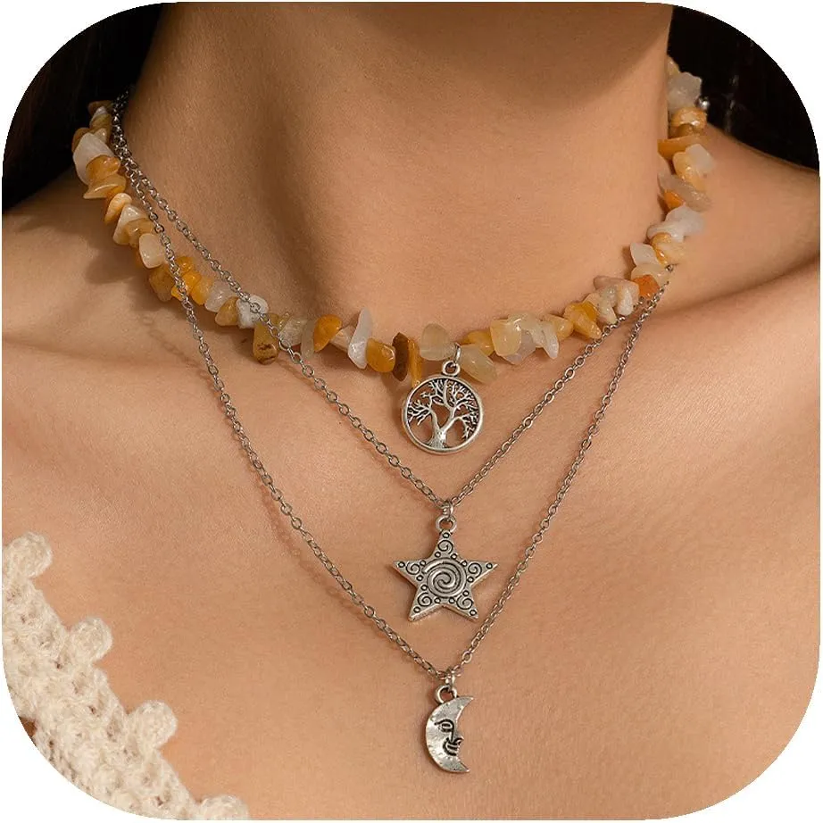 ALEXTINA Nature Chakra Healing Crystal Necklaces for Women Boho Necklace Y2K Necklace Star Moon Sun Necklace Multiple Layering Choker Necklace