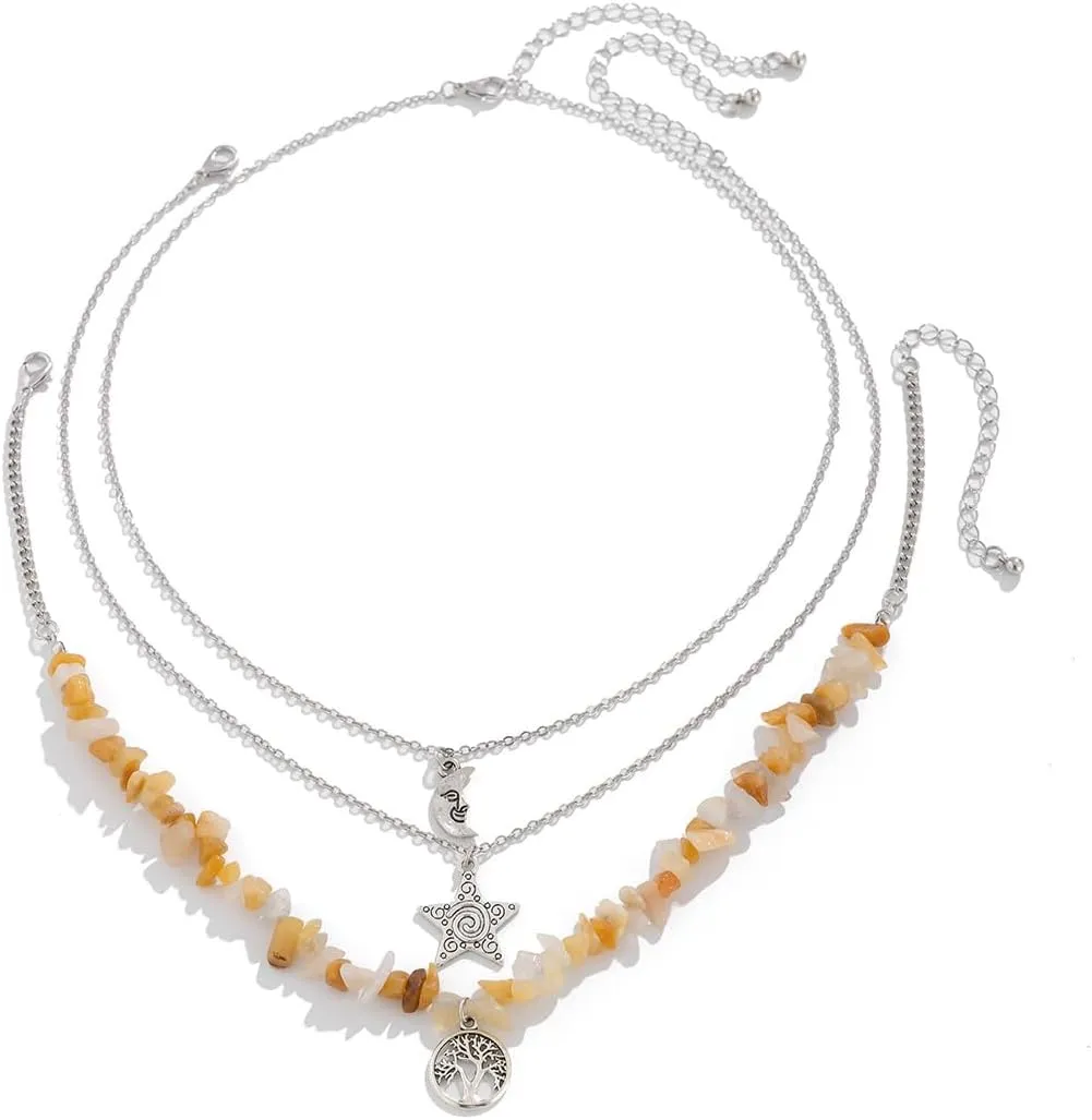 ALEXTINA Nature Chakra Healing Crystal Necklaces for Women Boho Necklace Y2K Necklace Star Moon Sun Necklace Multiple Layering Choker Necklace