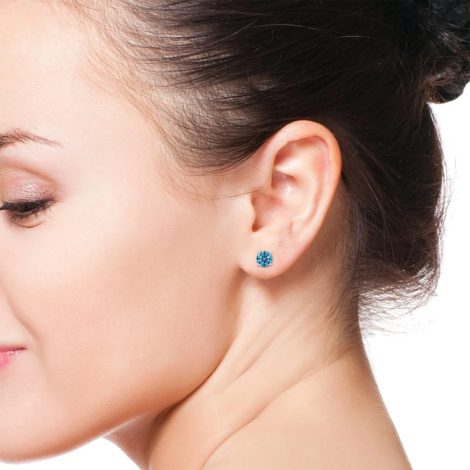 ANGARA Basket-Set Round Lab Grown Fancy Intense Blue Diamond Studs in 14K Solid Gold/Platinum | Birthday, Engagement, Anniversary, Wedding Jewelry Gift for Women
