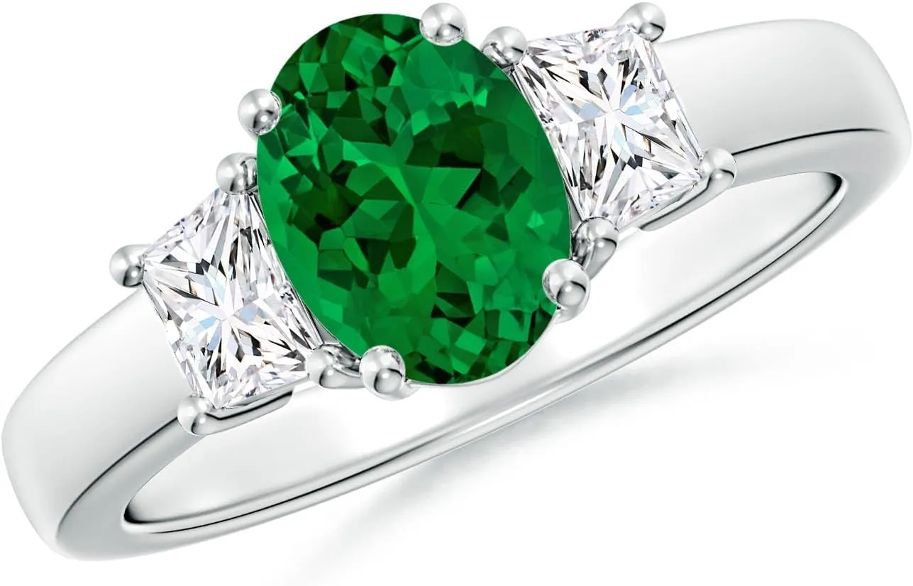 Angara Classic Oval Lab Grown Emerald and Trapezoid Diamond Three Stone Engagement Ring in 14K Solid Gold/Platinum | May Birthstone, Birthday, Anniversary, Wedding Jewelry Gift for Women